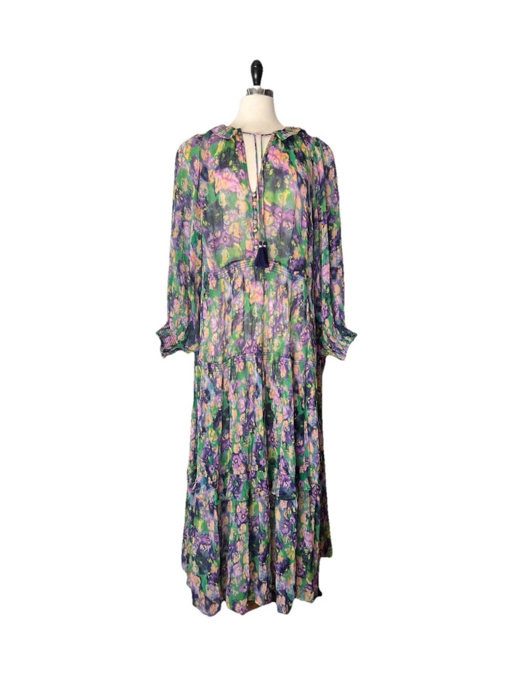 Anthropologie Marais Green and Purple Floral Tiered Maxi Dress size XL - Picture 8 of 15
